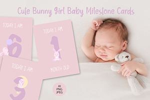 Cute Bunny Girl Baby Milestone Cards, a Card Template by DysenkaArt