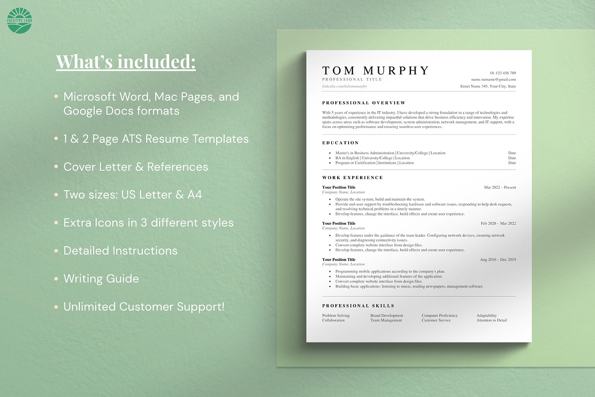 Professional ATS Resume Template, a Resume Template by CreativeLandStudio (Photo 7 of 10)