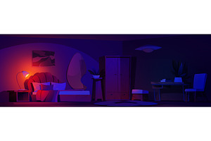 Night Groovy Bedroom Vector Cartoon