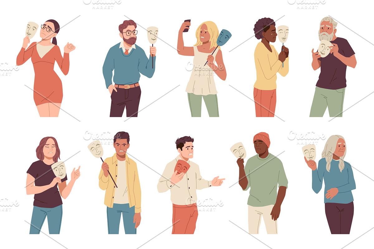 People with social masks. Men and, a Person Illustration by YummyBuum