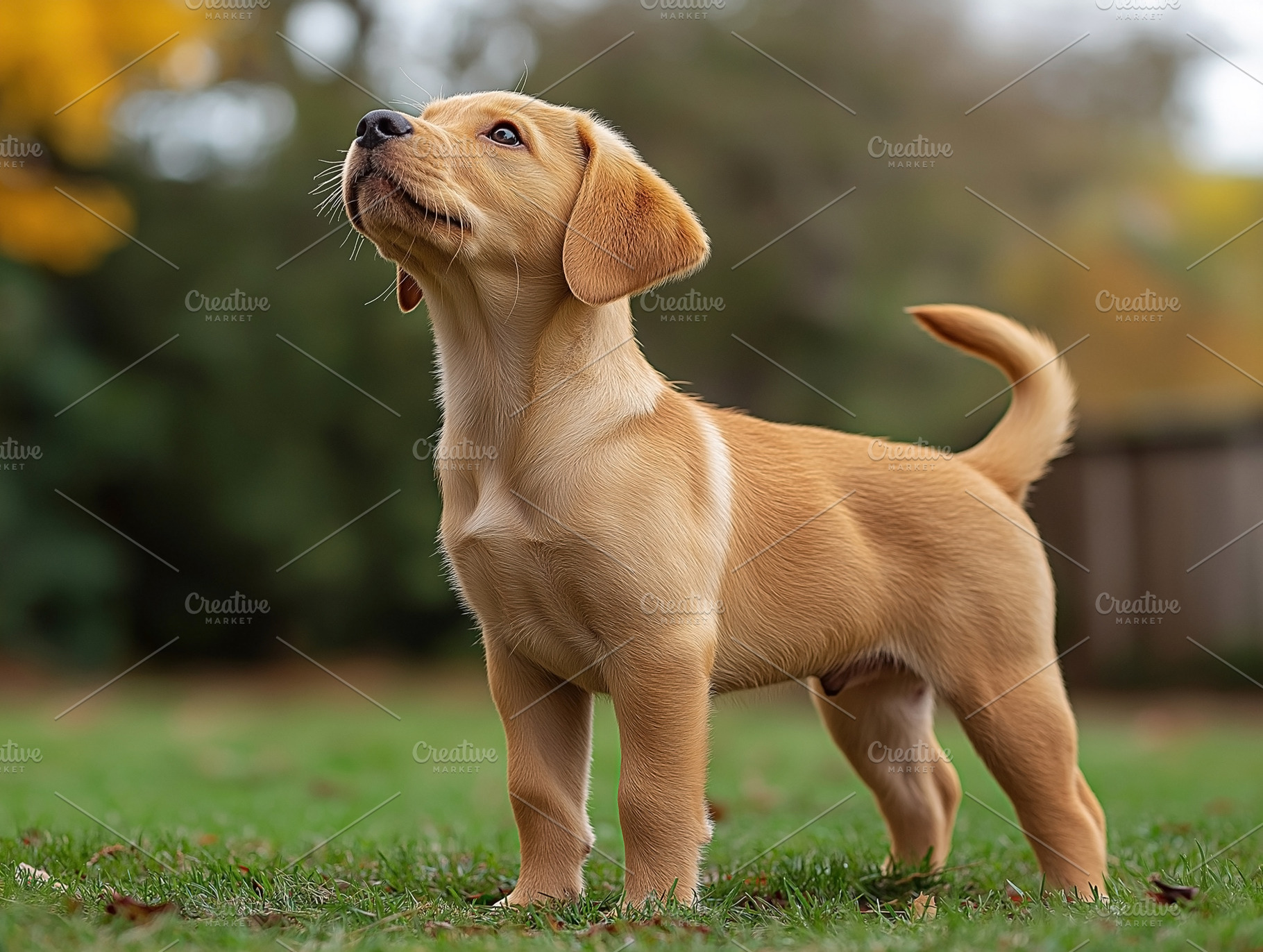 A playful golden labrador puppy stands proudly in a lush green yard, capturing, an Animal Photo by ImageMir