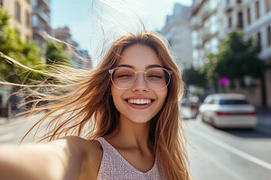 Young woman enjoying a sunny day while taking a selfie with her, a Person Photo by AlyaAnd