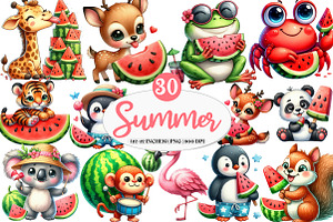 Summer Animals Enjoy Watermelon png, an Illustration by Watercolor design
