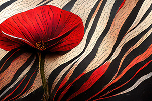 Red poppy flower against abstract zebra waves