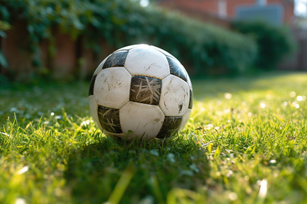 Soccer ball on green grass. Generative AI, a Sports & Recreation Photo by AlyaAnd
