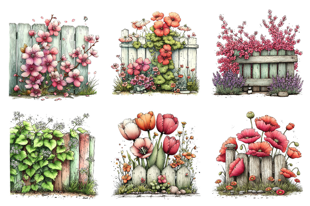 Watercolor Fence Flowers Clipart, an Illustration by Dream Creation (Photo 4 of 5)