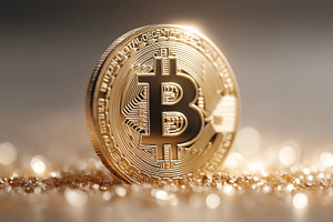 Shiny gold bitcoin coin standing on glittering surface with cryptocurrency and, a Photo by AS photostudio