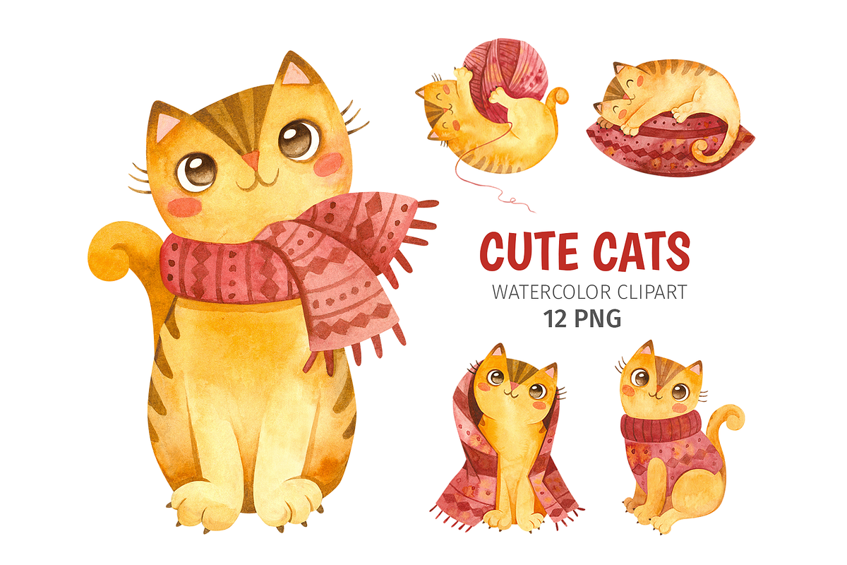 Watercolor Cute Cats and Knitting, an Object Graphic by Valin Malin (Photo 1 of 8)