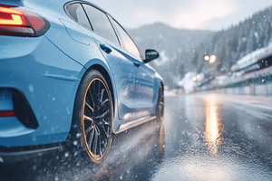 Sports car accelerating on racetrack at sunrise, a Transportation Photo by AlyaAnd