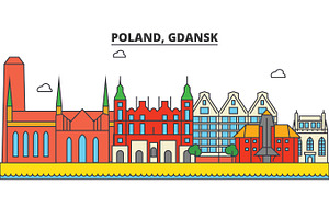 Poland, Gdansk. City Skyline: Architecture, Buildings, Streets, Silhouette, Landscape, Panorama, Landmarks. Editable Strokes. Flat Design Line Vector 