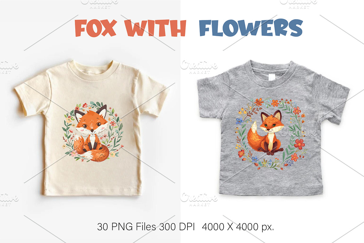 Fox with flowers. TShirt Sticker., an Animal Illustration by KENO Mascots (Photo 6 of 11)