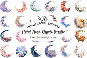 Watercolor Floral Moon Clipart Bundl, an Illustration by designcity5