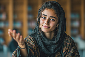 Young woman in headscarf inviting ge, a Photo by Pixeness Studio