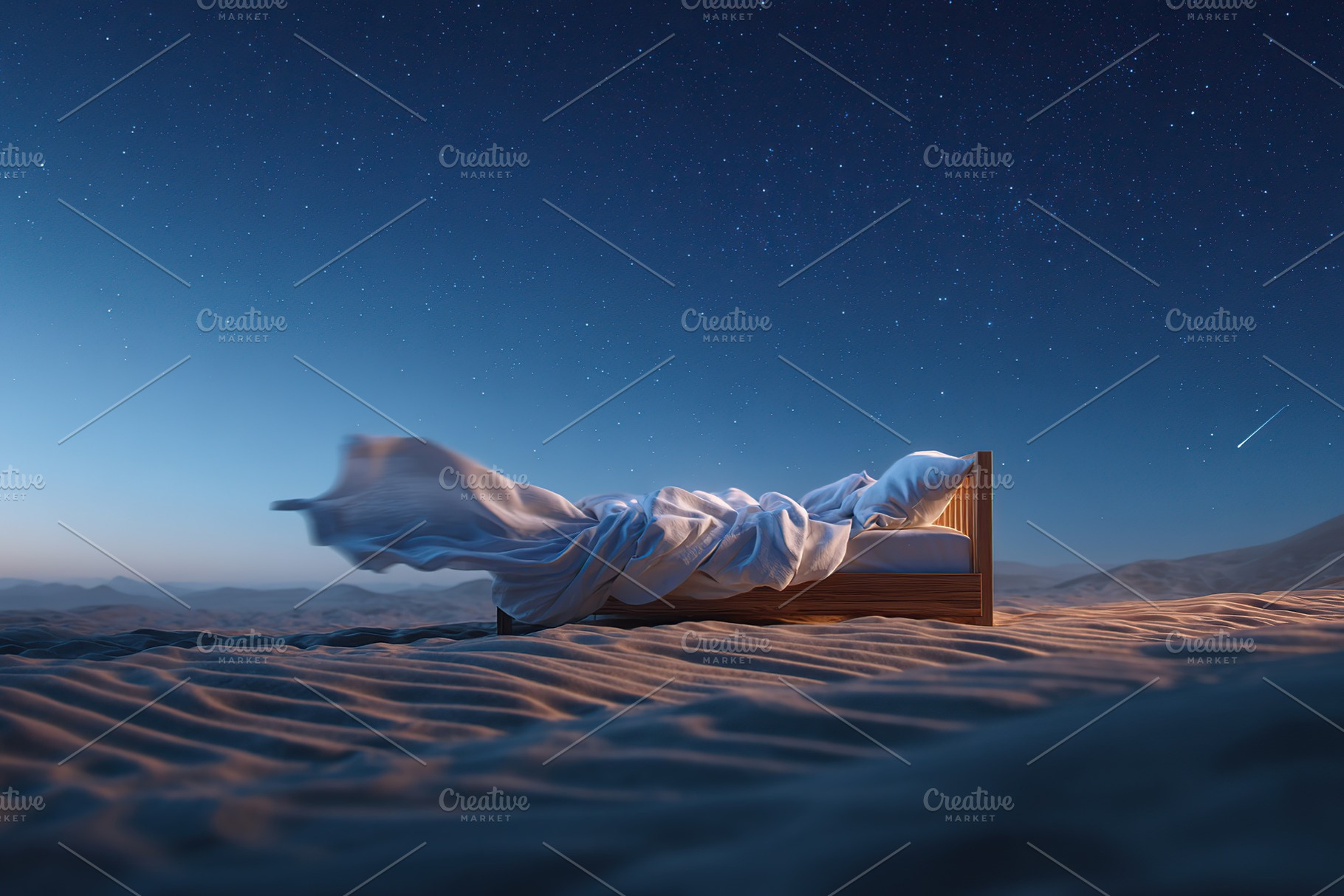 Bed floats in desert under starry sky at night with serene atmosphere and soft, a Photo by AlyaAnd