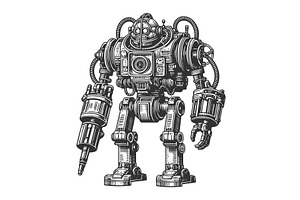 Retro style robot standing clenched, a Technology Illustration by AlexArt