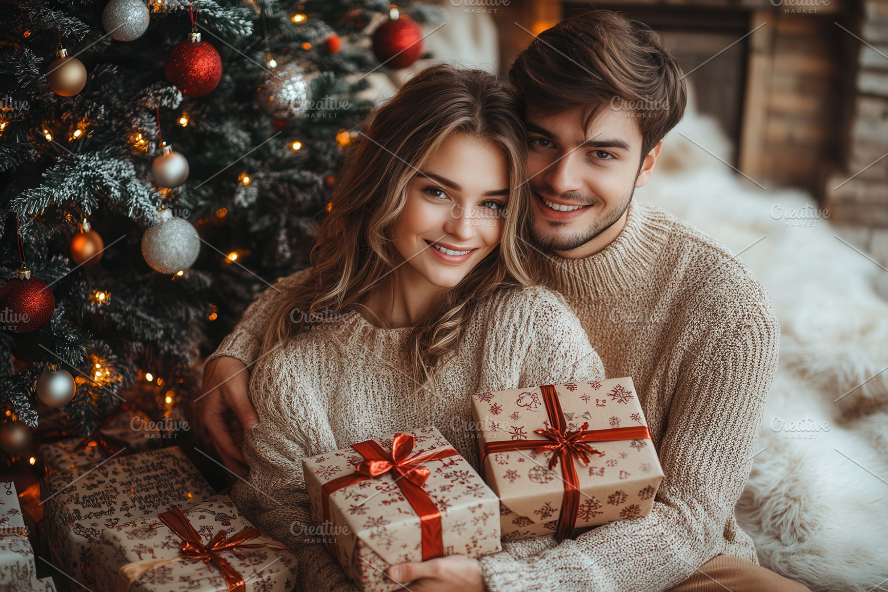 Young couple embracing by a Christma, a Photo by Tanuart