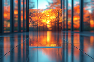 A serene view of vibrant autumn foliage reflected in a glass panel, creating a, a Background Photo by ImageMir