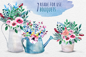 Watercolour Bouquets In The Pots