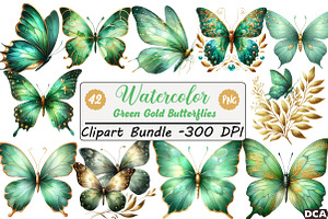 Green Gold Butterflies Clipart, an Illustration by DreamCafeArt