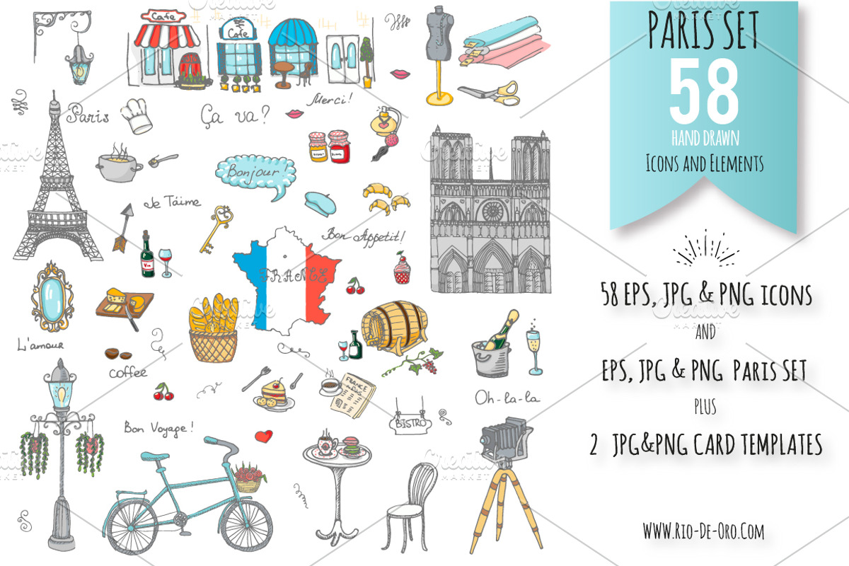 58 Paris color hand drawn icons!, an Object Graphic by Natasha-Pankina.com (Photo 1 of 5)