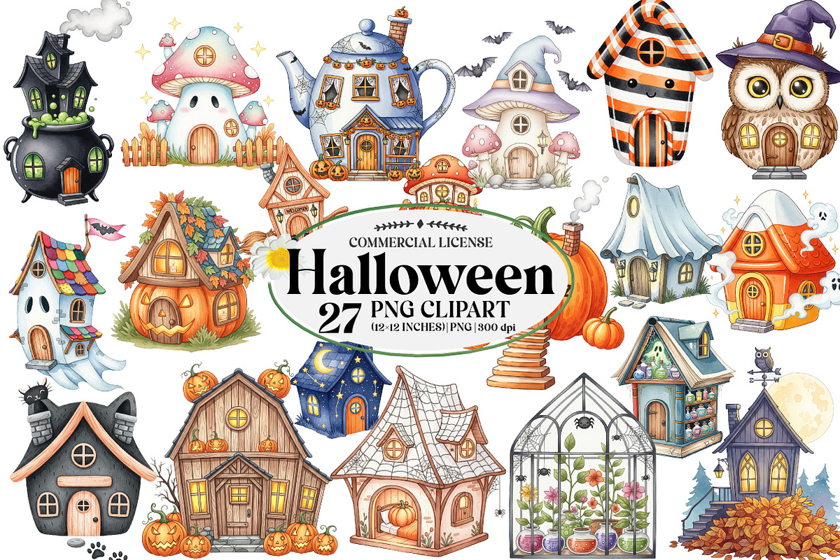 Cute Halloween Cottage Clipart, an Illustration by Watercolor design (Photo 1 of 4)