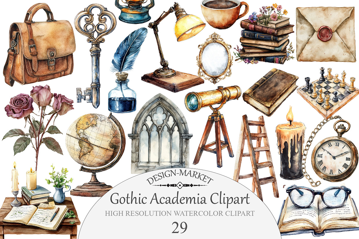 Watercolor Gothic Academia Clipart, an Illustration by Design Market (Photo 1 of 4)