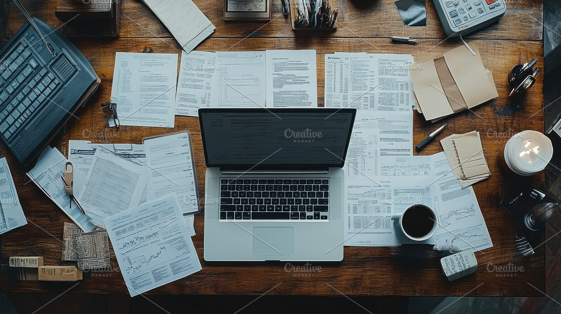 Busy desk setup with laptop, documen, a Background Photo by Pixeness Studio