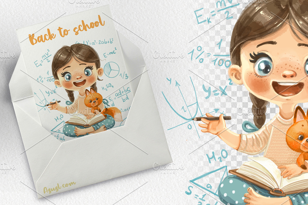 Cute girl with toy fox sit with book, a Person Illustration by Azuzlikus (Photo 2 of 3)