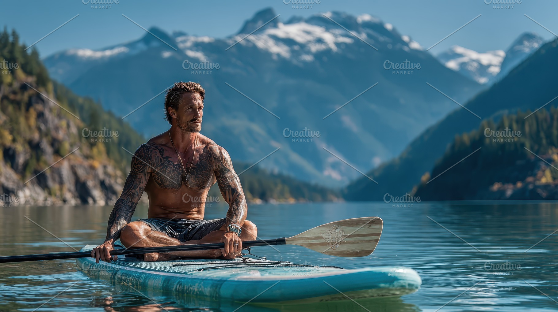 Muscular man paddleboarding serene m, a Photo by Pixeness Studio
