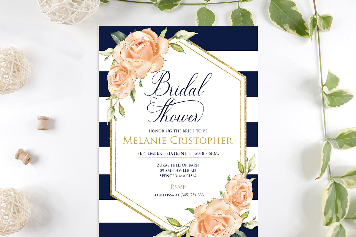 Navy Rose gold Roses Bridal Shower, an Invitation Template by DreamsClipArt (Photo 1 of 2)
