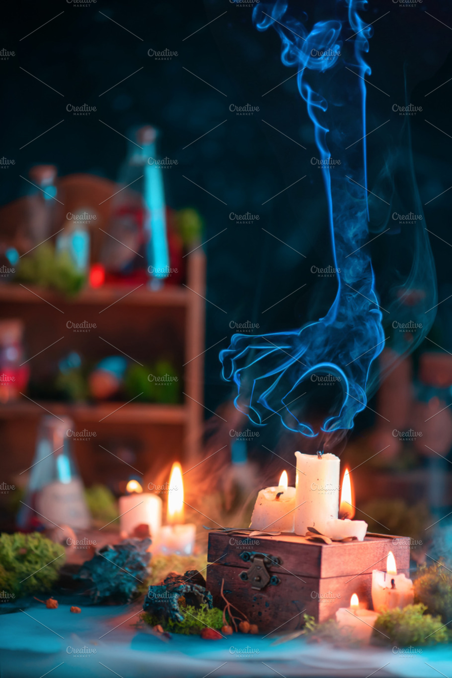 Mystical smoke hand extinguishing a, a Background Photo by dinabelenko