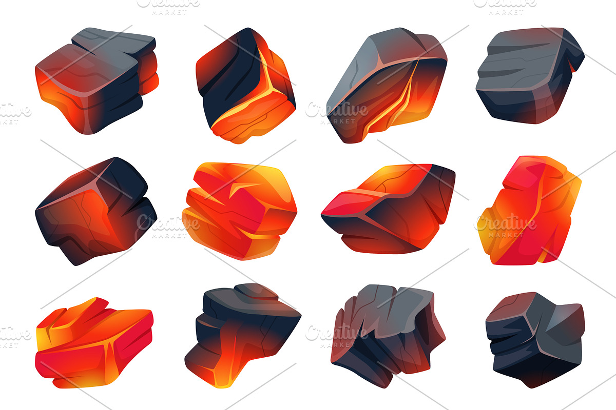 Coal set. Pieces of burning black, an Illustration by Onyx