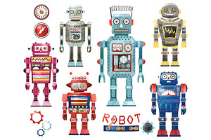 Watercolor Retro Robots Collection