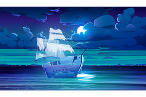 Dark night sea and moon in cloud sky, an Illustration by art PVP - market