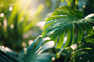 Lush green tropical leaves adorned with raindrops in a sunlit botanical paradis, a Nature Photo by AlyaAnd