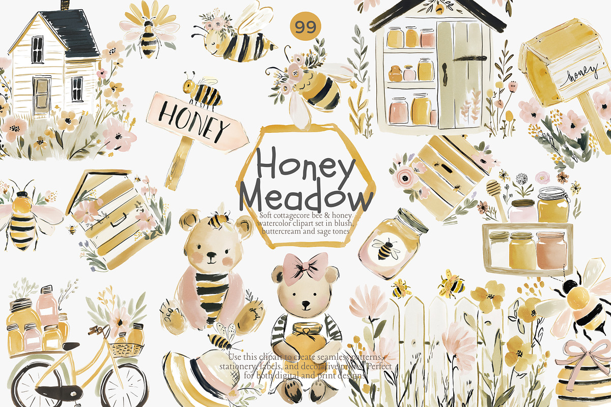 Honey meadow clipart bundle, a Decorative Illustration by Patishop Art (Photo 1 of 11)