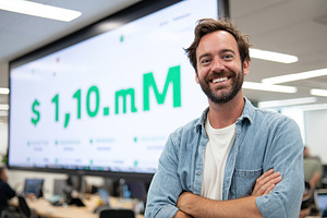 Founder smiling proudly in front of large screen displaying financial achieveme, a Business Photo by AlyaAnd