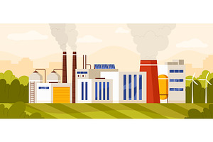 Modern Factory With Smokestacks And, an Illustration by Flashvector