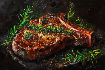A beautifully cooked steak is presen, a Photo by Tanuart