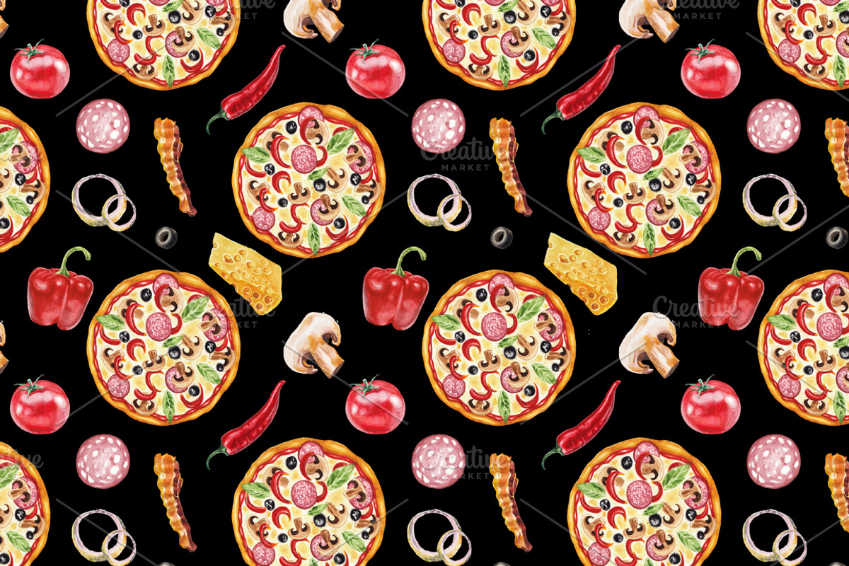 Watercolor pizza collection, a Pattern Graphic by lenavetka87 (Photo 3 of 3)