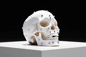 Skull adorned with decorative elements displayed on a pedestal in a dark settin, a Photo by AlyaAnd