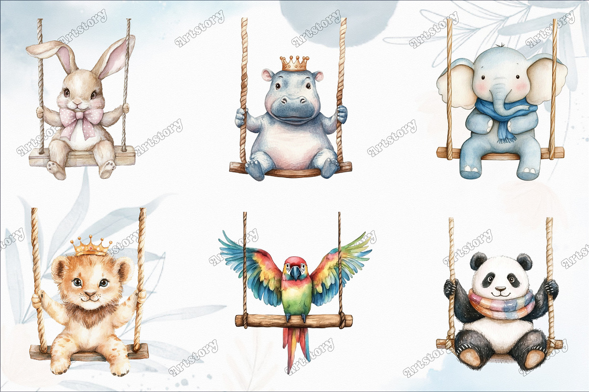 Watercolor Animals on Swings Clipart, an Illustration by designcity5 (Photo 3 of 5)