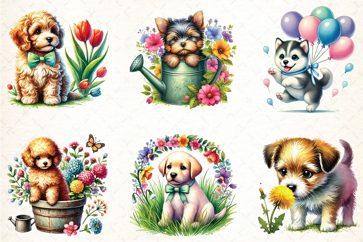 Cute Spring Puppy Clipart, an Illustration by DreamCafeArt (Photo 3 of 6)