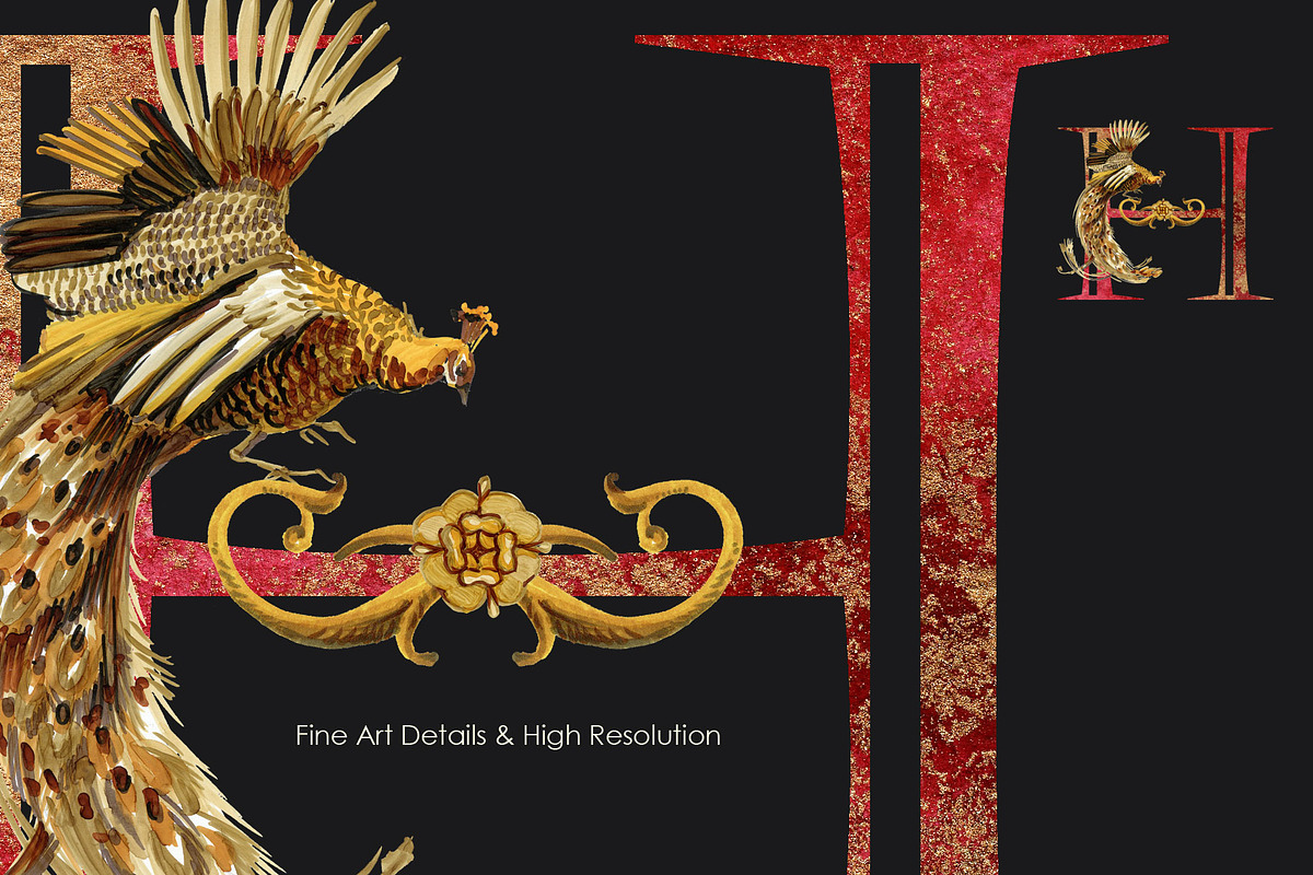 Peacock Gold & Burgundy Monograms, an Object Illustration by FineArt