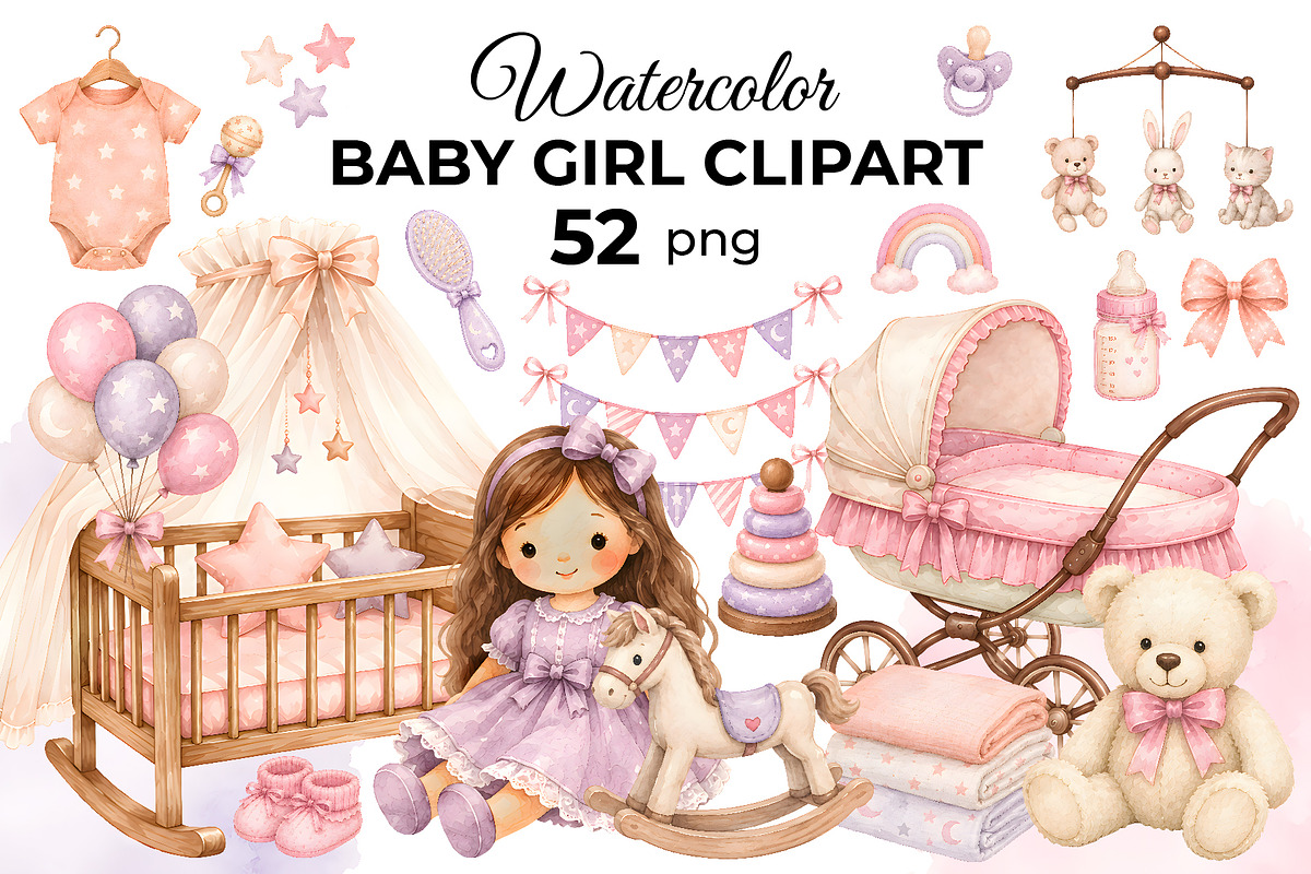 Watercolor Baby Girl Clipart (52), a Decorative Illustration by Iryna Denysova (Photo 1 of 7)