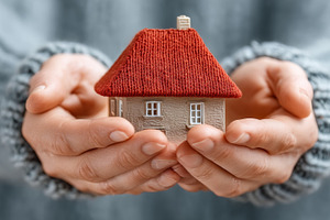 Hands holding miniature house with red roof, symbolizing security and comfort, a Photo by AS photostudio