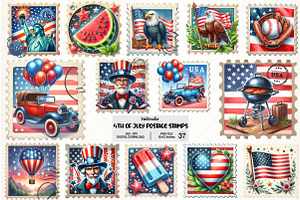 4th of July Postage Stamps Clipart, an Illustration by Pixels.Craft