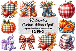Watercolor Gingham Autumn Clipart Bu, an Illustration by Daily.Designs