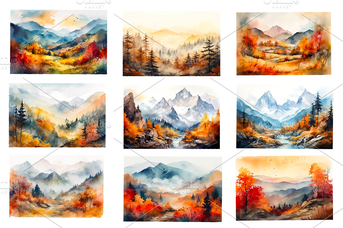 Trees and mountains,watercolor, an Object Illustration by AkvarelRiver (Photo 4 of 6)