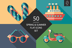 50 Spring and summer flat icons set
